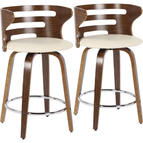 Cosini Swivel Counter Stool in Walnut Wood & Cream Leatherette (Set of 2)